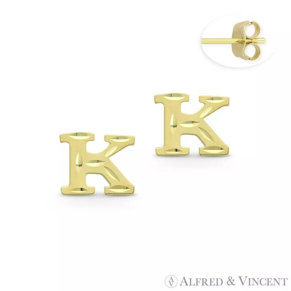 Initial Letter "K" Stud Earrings with Push-Back Posts in 14k Yellow Gold - Picture 1 of 1